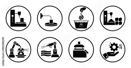 Automation processes icons set featuring industrial machinery, robots, and manufacturing steps in factory line