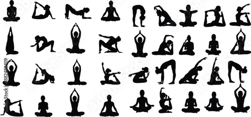 Large collection of yoga pose silhouettes demonstrating different asanas and stretches for wellness