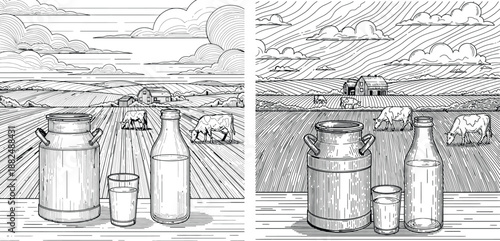 Line art illustration of a traditional dairy farm landscape featuring fields, a barn, grazing cows, and fresh milk products