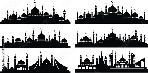 Majestic Islamic cityscape silhouettes displaying mosques, domes, minarets, and crescent moons, ideal for spiritual themes