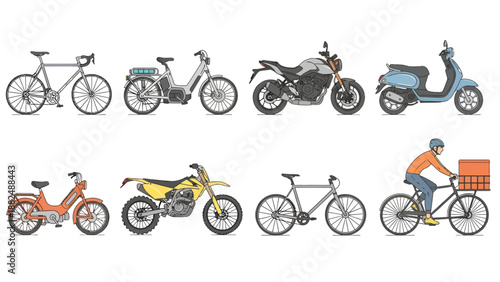 Comprehensive Vector Illustration Set of Two-Wheeled Transport Vehicles with Bicycles, Motorcycles, Scooters, Mopeds, and Delivery Bikes on White Background