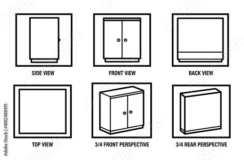 Cabinet plan view in front side back and perspective vector design drawing for dieline