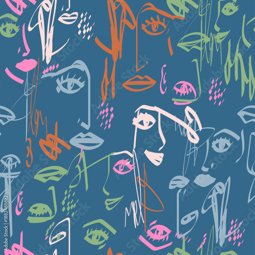 Abstract face line art pattern with vibrant accents on dark blue background