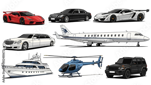 Vector Illustration Set of Luxury Transportation Vehicles Including Private Jet Yacht Helicopter Sports Cars Limousine and SUV on White Background for Design