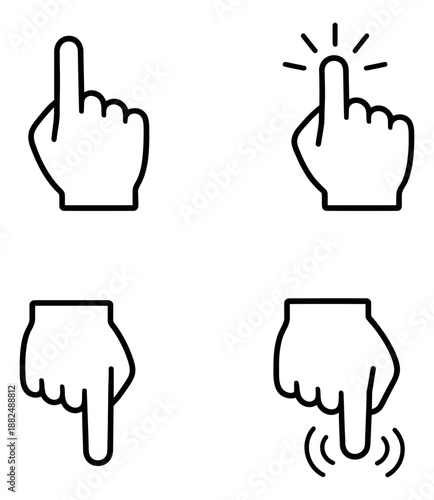 Line art hand cursor icons set featuring various pointing and clicking gestures for digital interaction and user interface design