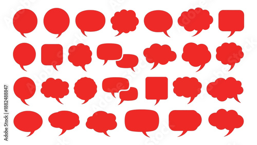 a collection of various red speech bubbles in different shapes and sizes