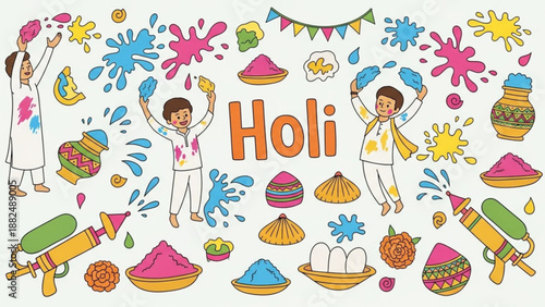 Holi festival celebration with colorful powder splashes people playing with water guns and traditional elements vector illustration for festive design