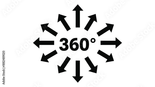a graphic illustration depicting arrows pointing in all directions around a 360 degree symbol