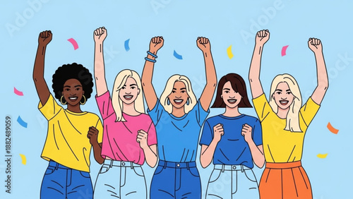 Diverse group of women celebrating with raised fists representing empowerment and unity perfect for social media campaigns and motivational concepts