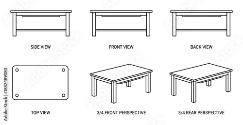 Furniture table plan view in front side back and perspective vector design drawing for dieline