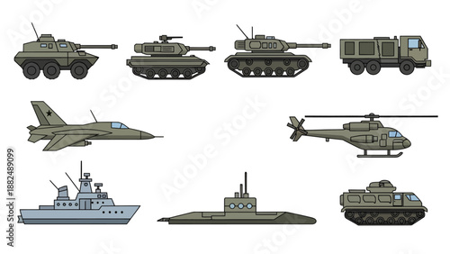 Set of Military Vehicle Icons Including Main Battle Tanks, Armored Trucks, Fighter Jet, Attack Helicopter, Navy Warship, and Submarine in a Flat Design Style.