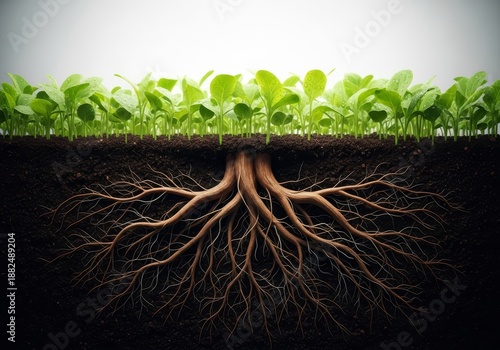 A close view of rich, fertile soil supporting merged root structures, signifying powerful collaborative growth and bumper harvests, trust, sustainable, alliance