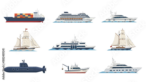 Comprehensive collection of various maritime vessels and boat icons set including cargo ship, cruise liner, luxury yacht, submarine, and sailing boats on white.