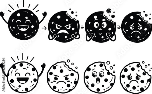 Set of sweet biscuit characters illustrating feelings from whole to partially eaten, in a comic style