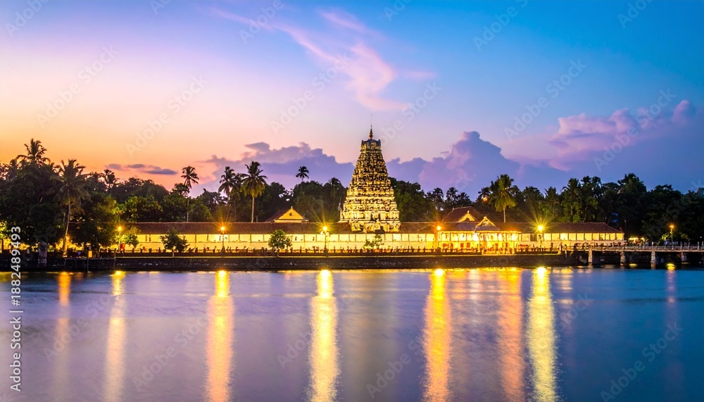Obraz premium Stunning Illuminated Temple Reflecting in Tranquil Waters at Sunset, Captivating Architectural Beauty.