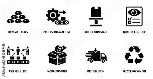 Manufacturing process line icon set material handling and production phases vector illustration