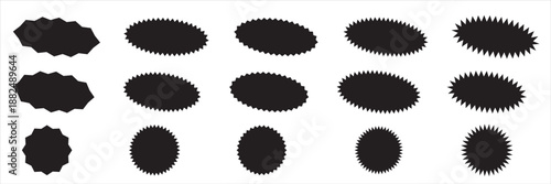 Set of circles with zigzag edges, Sunburst sticker shapes, Rounded starburst zigzag, circle shapes & star shapes offer price tag, discount, sale label, stickers, Star or sunburst silhouettes vector