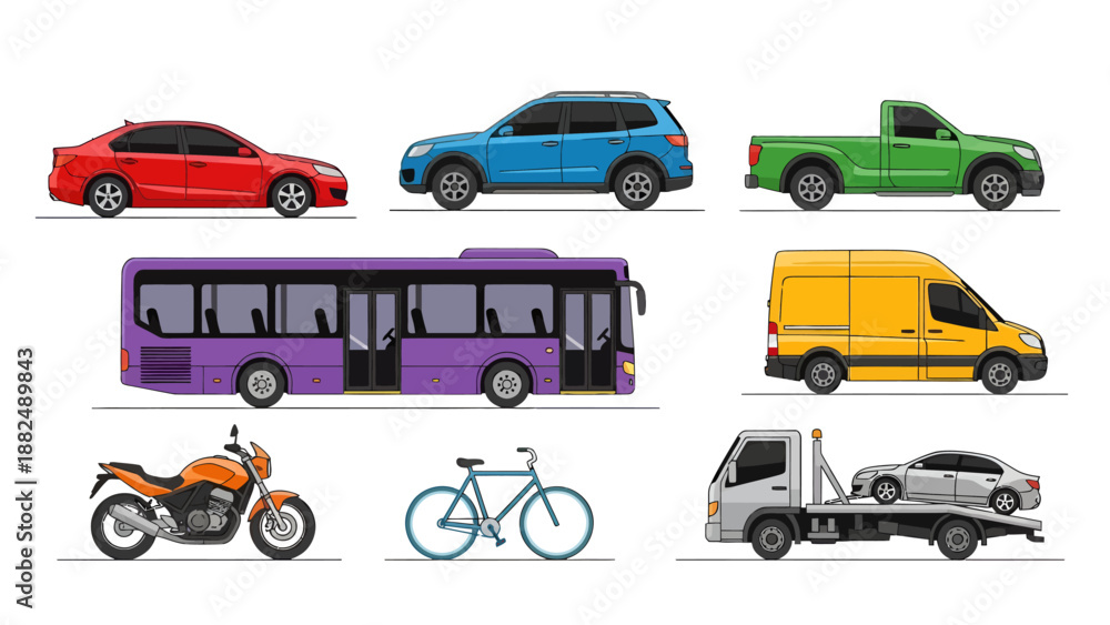 Naklejka premium Vector illustration set of various transportation vehicles including a red car, blue suv, green truck, purple bus, yellow van, motorcycle, bike, and tow truck.