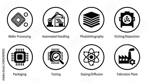Microchip fabrication process vector illustration of integrated circuit from wafer processing to plant