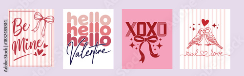 Four delightful Valentines Day card designs featuring romantic text, loving birds, bows, and hearts