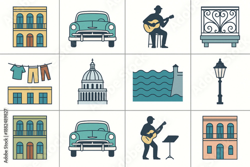 Havana City Life Flat Vector Icon Set