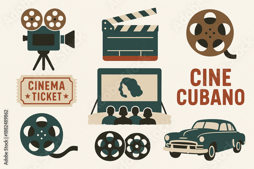 Cuban Cinema Icon Set Flat Vector Illustration