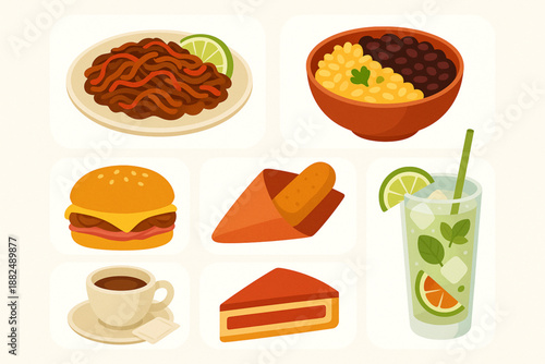 Traditional Cuban Food and Beverage Flat Vector Icon Set