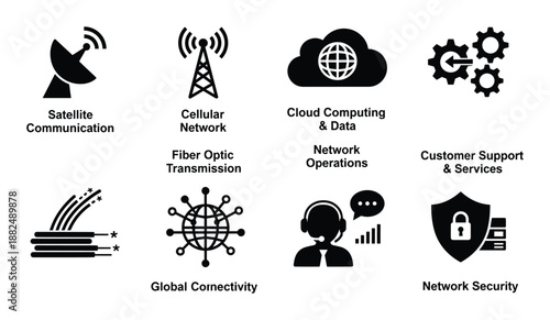 Network structure process icons depicting cellular network fiber optic transmission support and network security