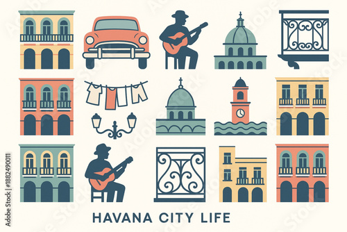 Havana City Life Flat Vector Icon Set