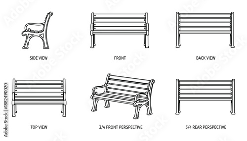 Park bench with metal legs view line art for design element with furniture or interior design