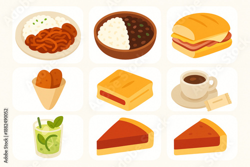 Traditional Cuban Food and Beverage Flat Vector Icon Set