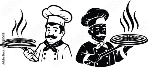 Smiling pizza chefs holding freshly baked, steaming pizzas on peels, ready for serving in an Italian restaurant