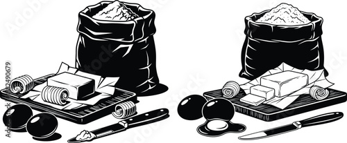 Traditional baking ingredients like a flour sack, butter block, eggs, and a knife ready for cooking