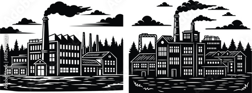 Two different scenes depicting industrial factories with tall smokestacks emitting smoke into the sky