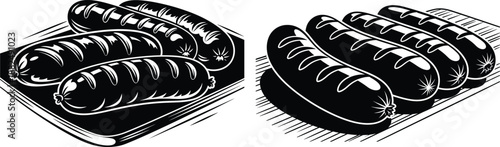 Vector outline illustration showing multiple sausages presented on a dish, suitable for menu design