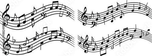 Wavy musical staffs with various notes and clefs, suitable for musical backgrounds