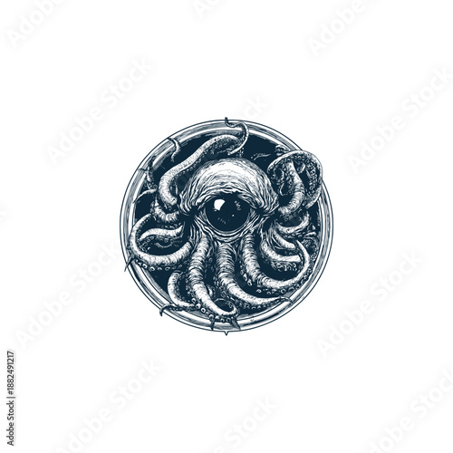 Mythical giant kraken octopus eye with tentacles in circular engraving illustration.