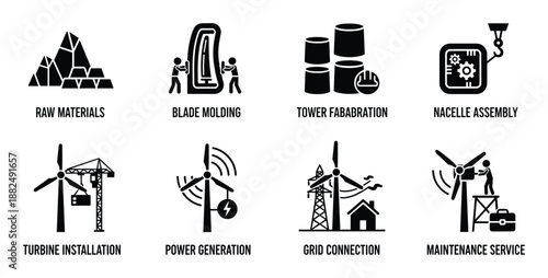 Wind turbine construction diagram vector isolated icons raw materials blade molding turbine installation