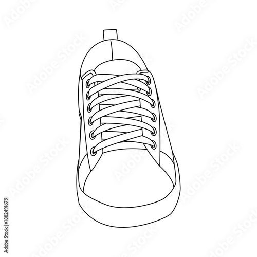 Front view outline of a single casual sneaker. Vector line art of sport footwear with laces isolated on white background. Perspective walking style.