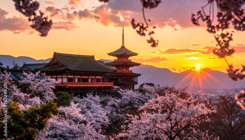 Fototapeta premium Stunning Japanese Temple at Sunset - Cherry Blossoms and Scenic Mountain Views.