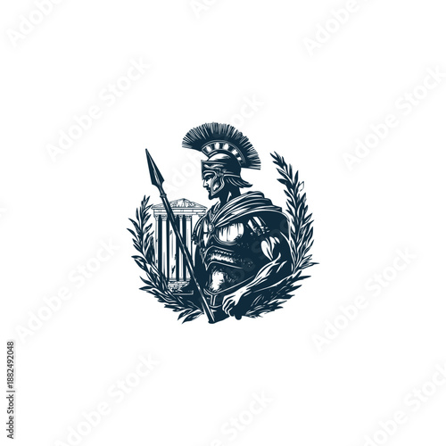 Ancient Roman or Spartan hoplite warrior with spear and shield engraving illustration.