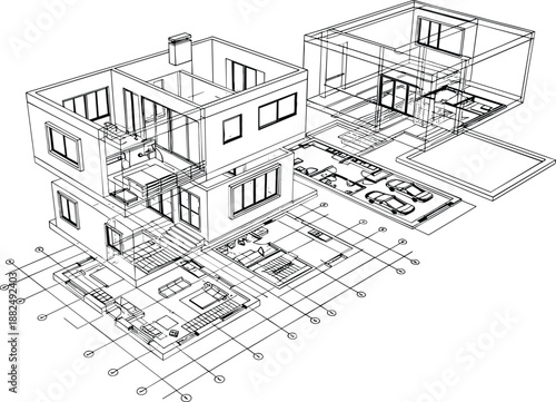 Advanced technical vector of an exploded modern house featuring detailed interior layouts, glass extensions, and an integrated survey grid.