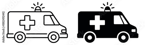 Line art and solid ambulance icon set featuring medical crosses and emergency lights for healthcare and emergency services design