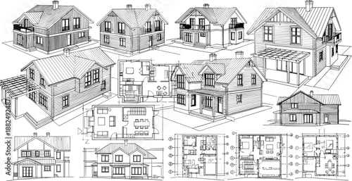 Comprehensive architectural vector package for a multi-gabled residence including six 3D perspectives, elevations, and detailed interior floor plans.
