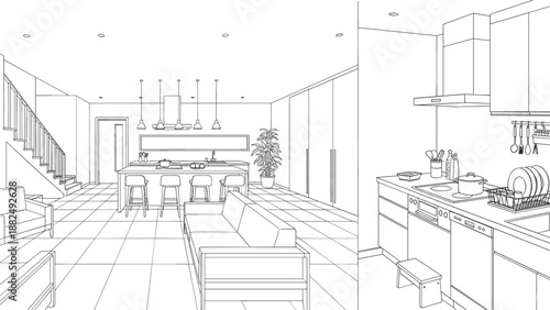 Detailed architectural line-art vector featuring a wide-angle living space perspective and a close-up technical kitchen counter study.