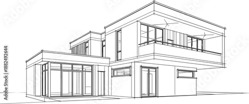 Detailed architectural line-art vector of a modern two-story residential building featuring cantilevered balconies and floor-to-ceiling glass facades.