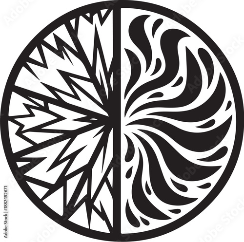 Black and white circular abstract design with symmetry elements