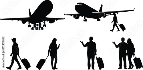 Airport travel silhouettes set, airplane taking off landing vector, passengers with luggage suitcases collection, tourism trip icons, flight journey graphics, isolated black silhouettes. (Total