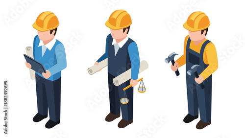 Construction Worker Character Set Vector Illustration.