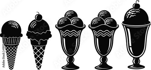 Black and white ice cream silhouette collection, delicious summer dessert icons, waffle cone and sundae glass vector, sweet cold treats set, isolated elements